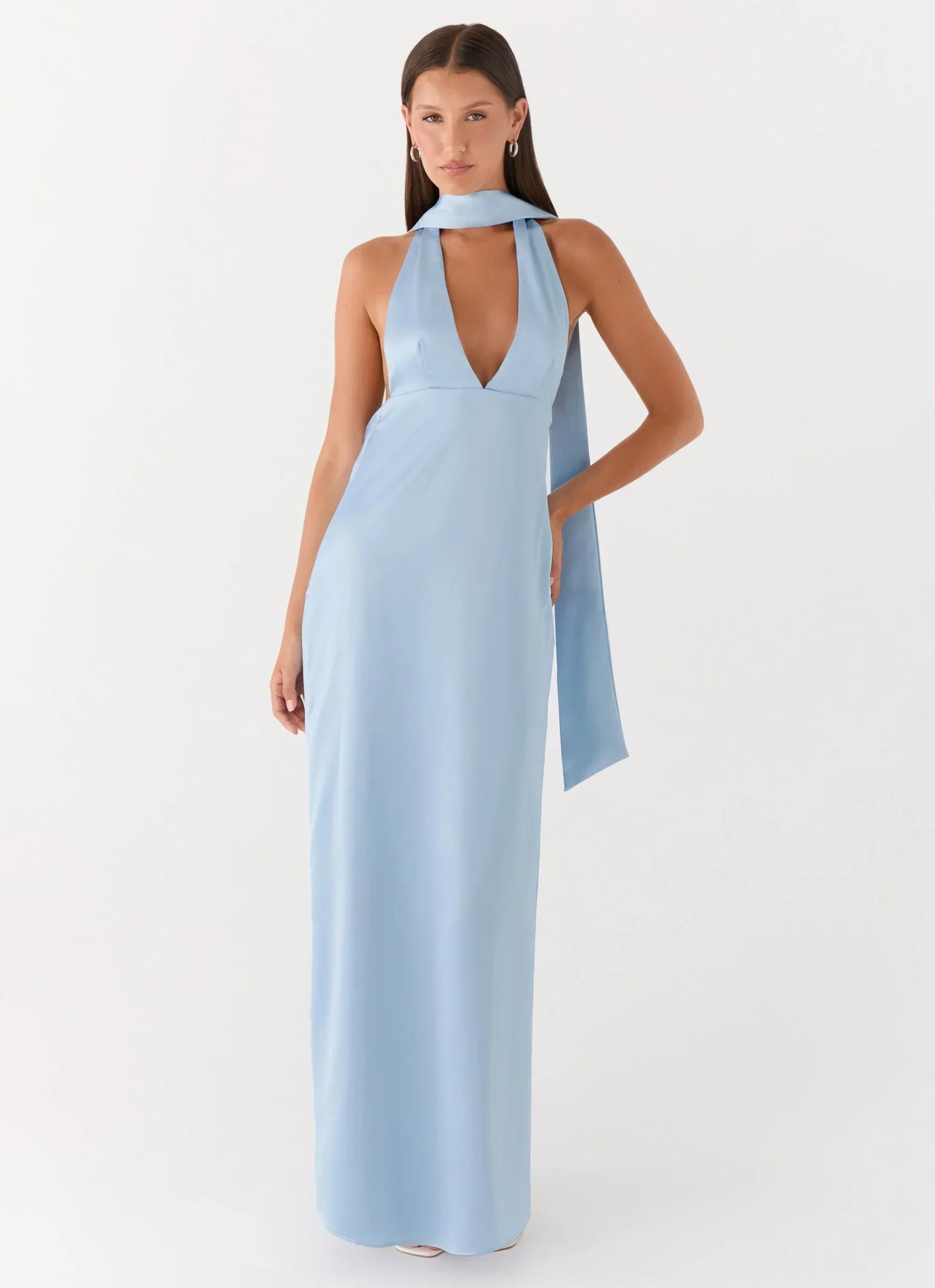 Alicia Satin Halter Maxi Dress - Baby Blue
