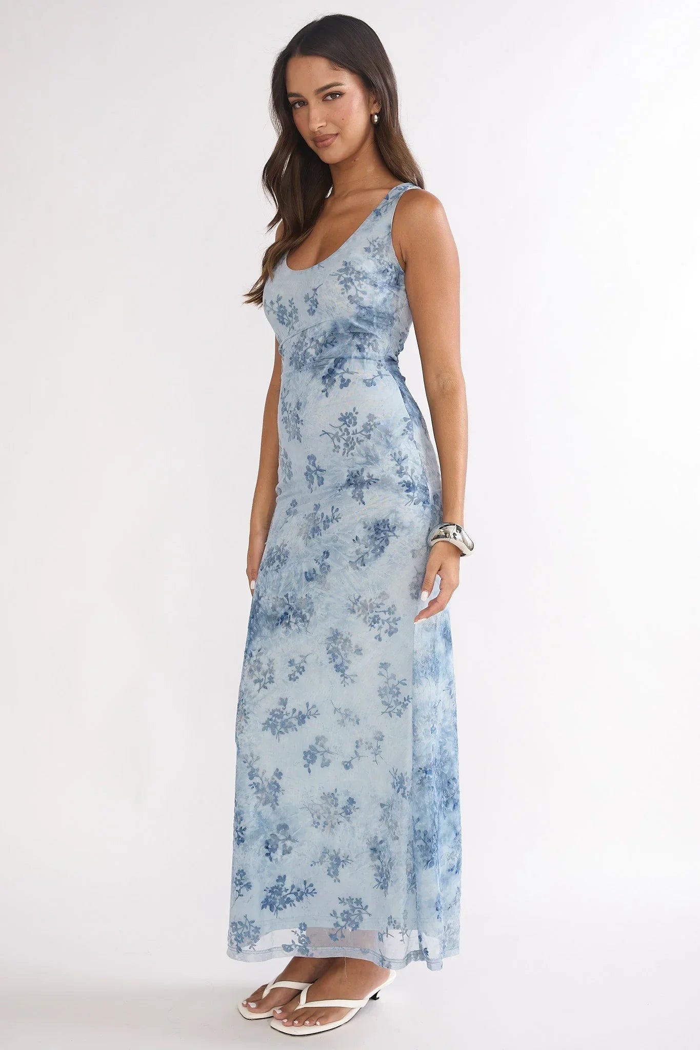 Elowra Mesh Maxi Dress Floral Blue