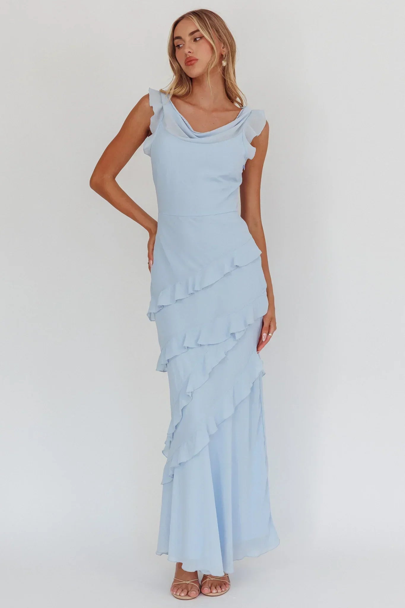 Sangria Cowl Neck Frill Maxi Dress Blue