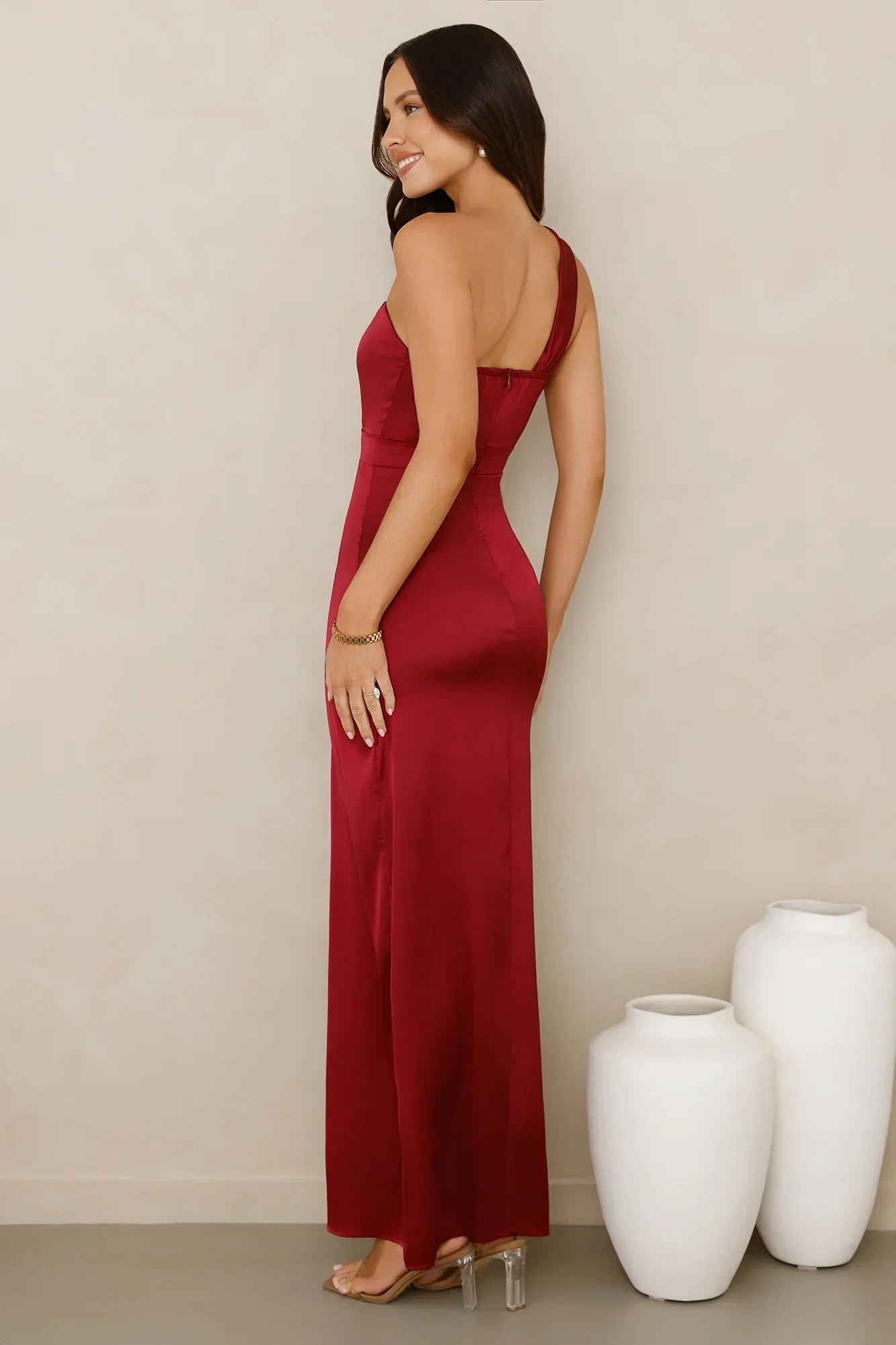 Strong Desire Satin One Shoulder Maxi Dress Burgundy
