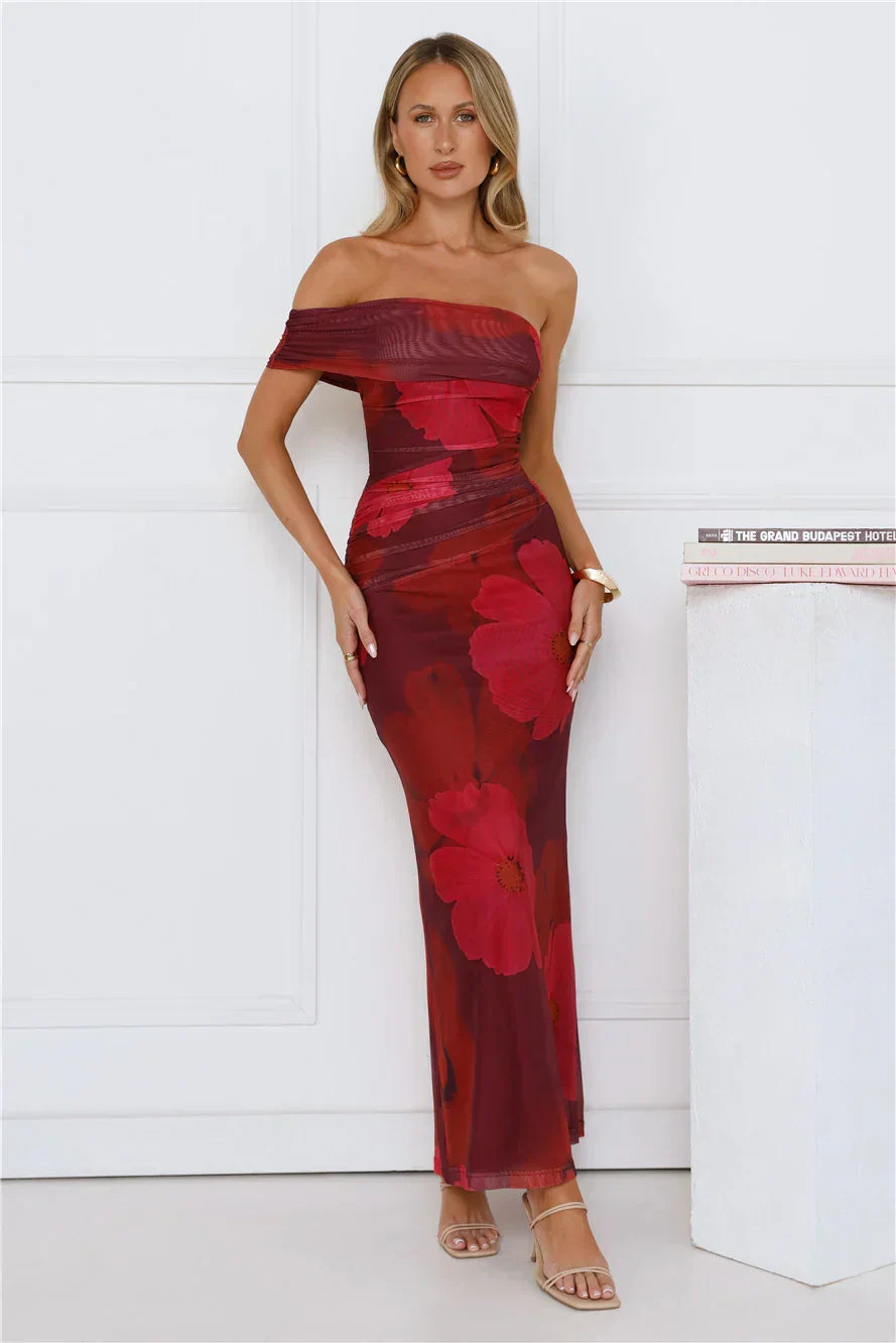 Mischief Glow Off Shoulder Mesh Maxi Dress Purple