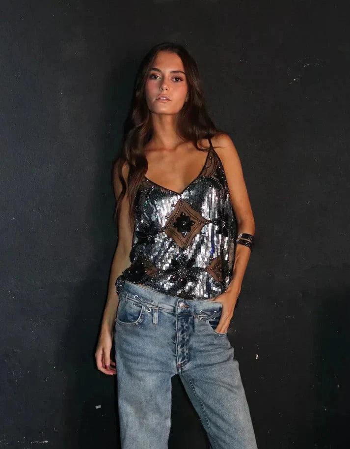 Klara | Women'S Sleeveless Sequin Glitter Festival Party Top