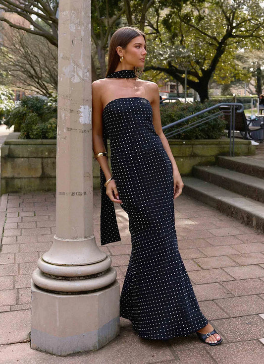 Pagoda Maxi Dress Black Polkadot
