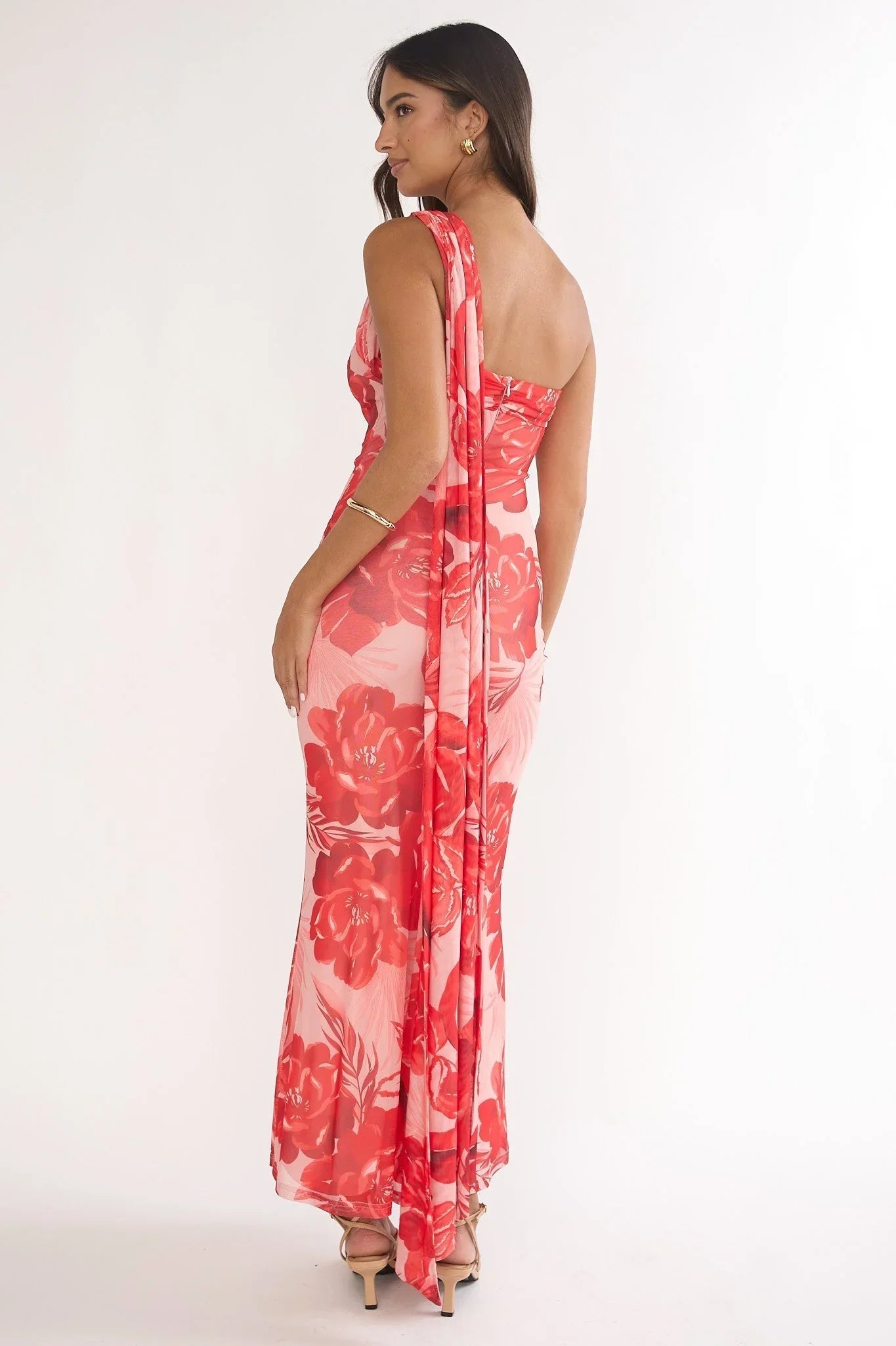 Ilyse Scarf One Shoulder Maxi Dress Floral Red