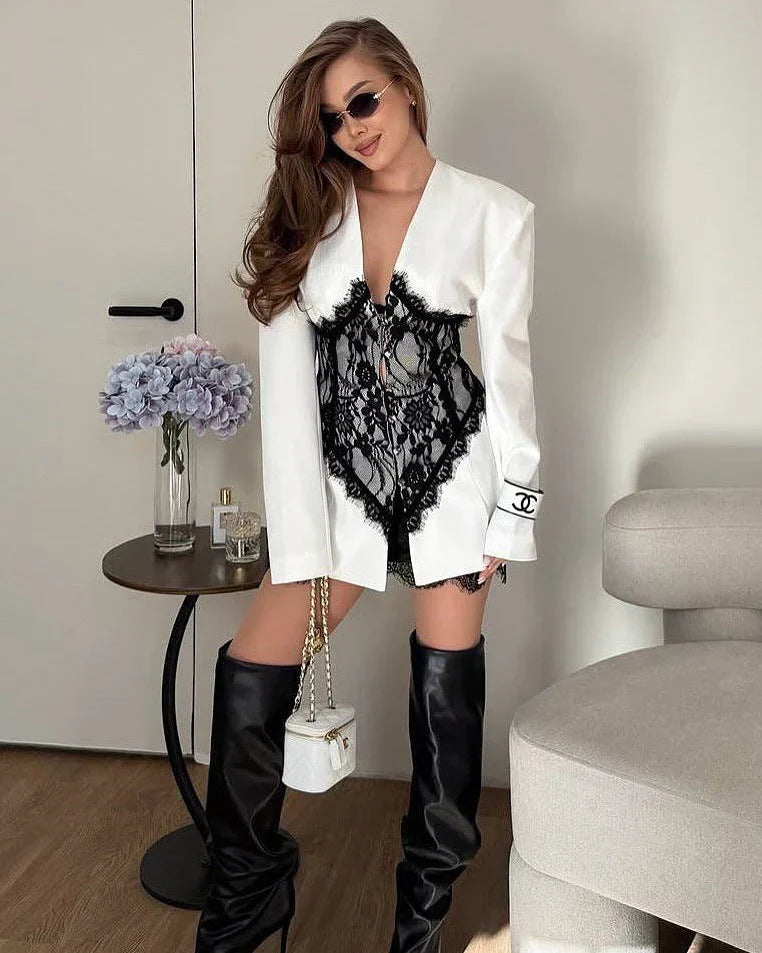 Annalise | Women'S V-Neck Lace-Splicing Blazer-Style Mini Dress