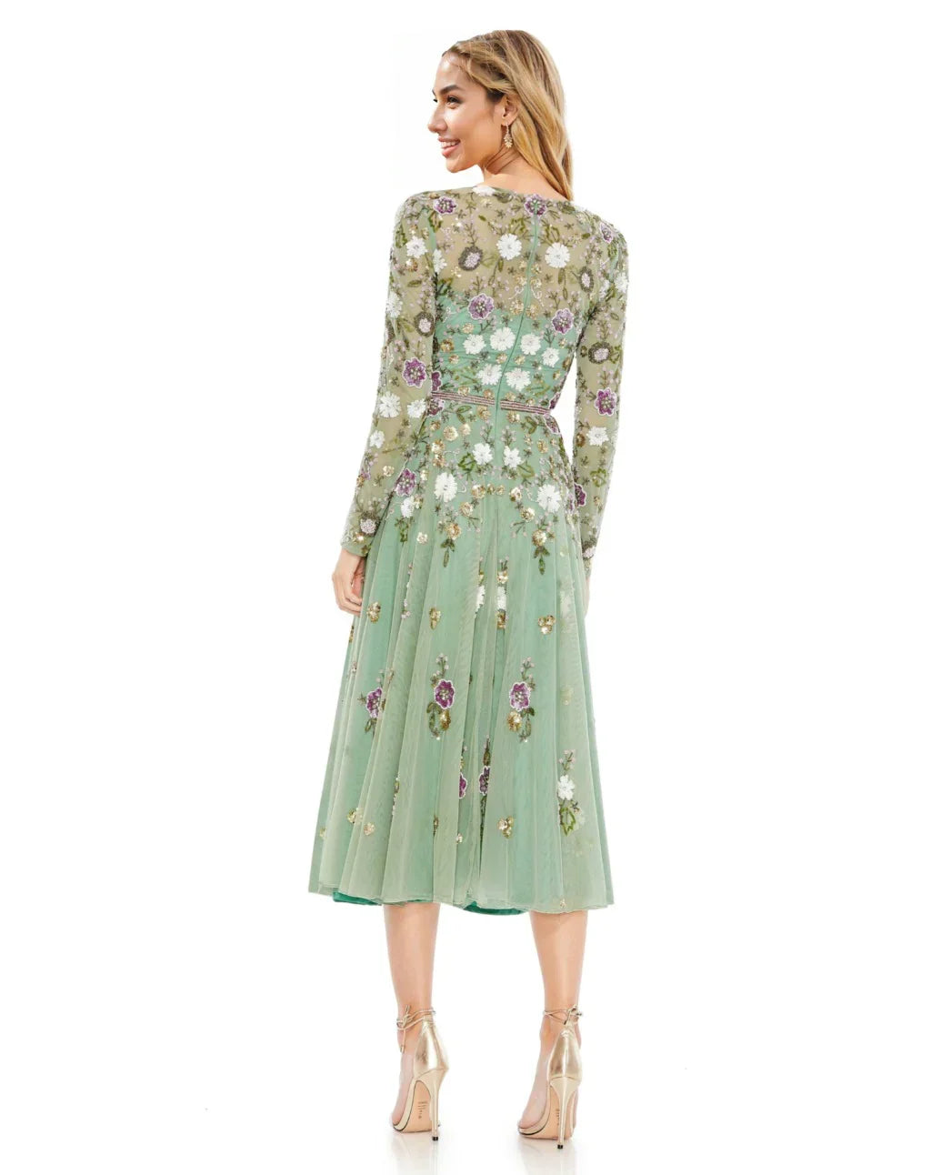 Tea Length Long Sleeve Formal Dress