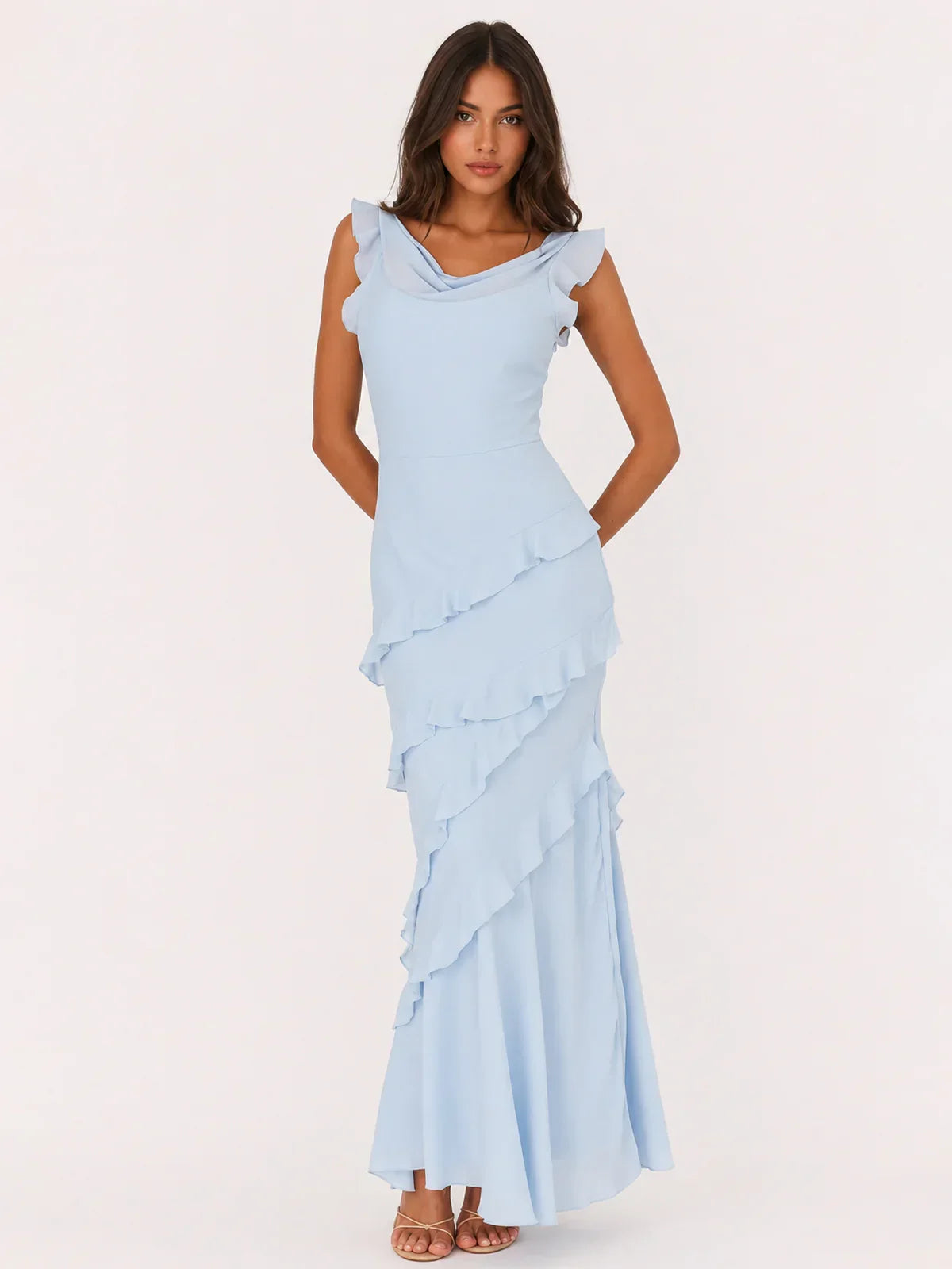 Sangria Cowl Neck Frill Maxi Dress Blue