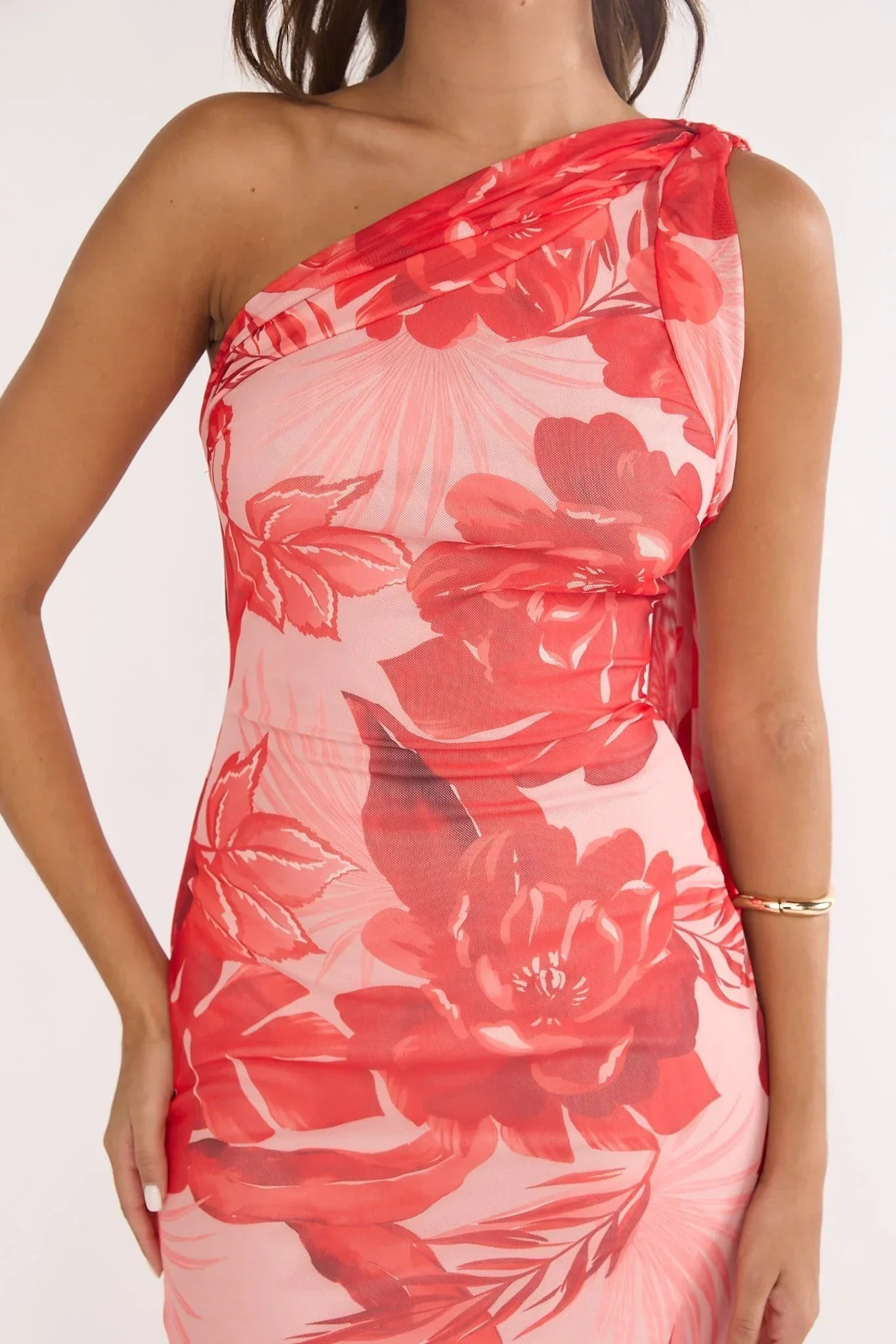 Ilyse Scarf One Shoulder Maxi Dress Floral Red