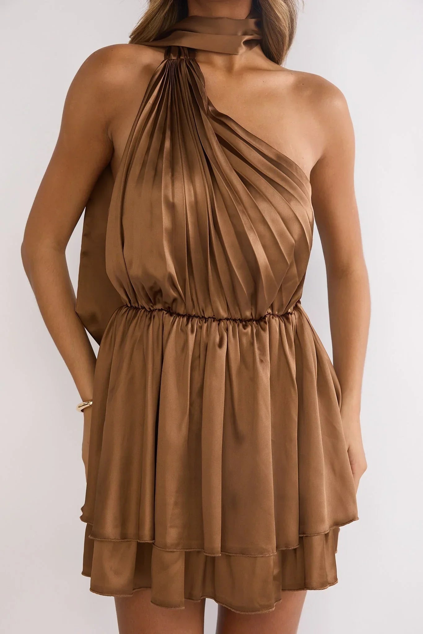 Aurora One Shoulder Mini Dress Brown