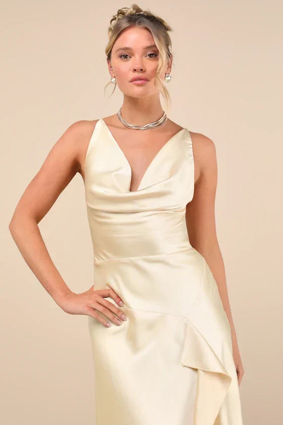 Evette Pale Yellow Satin Cowl Ruffled Handkerchief Midi Dress