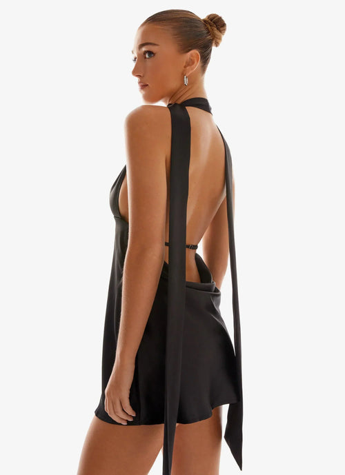 Alicia Satin Halter Mini Dress - Black