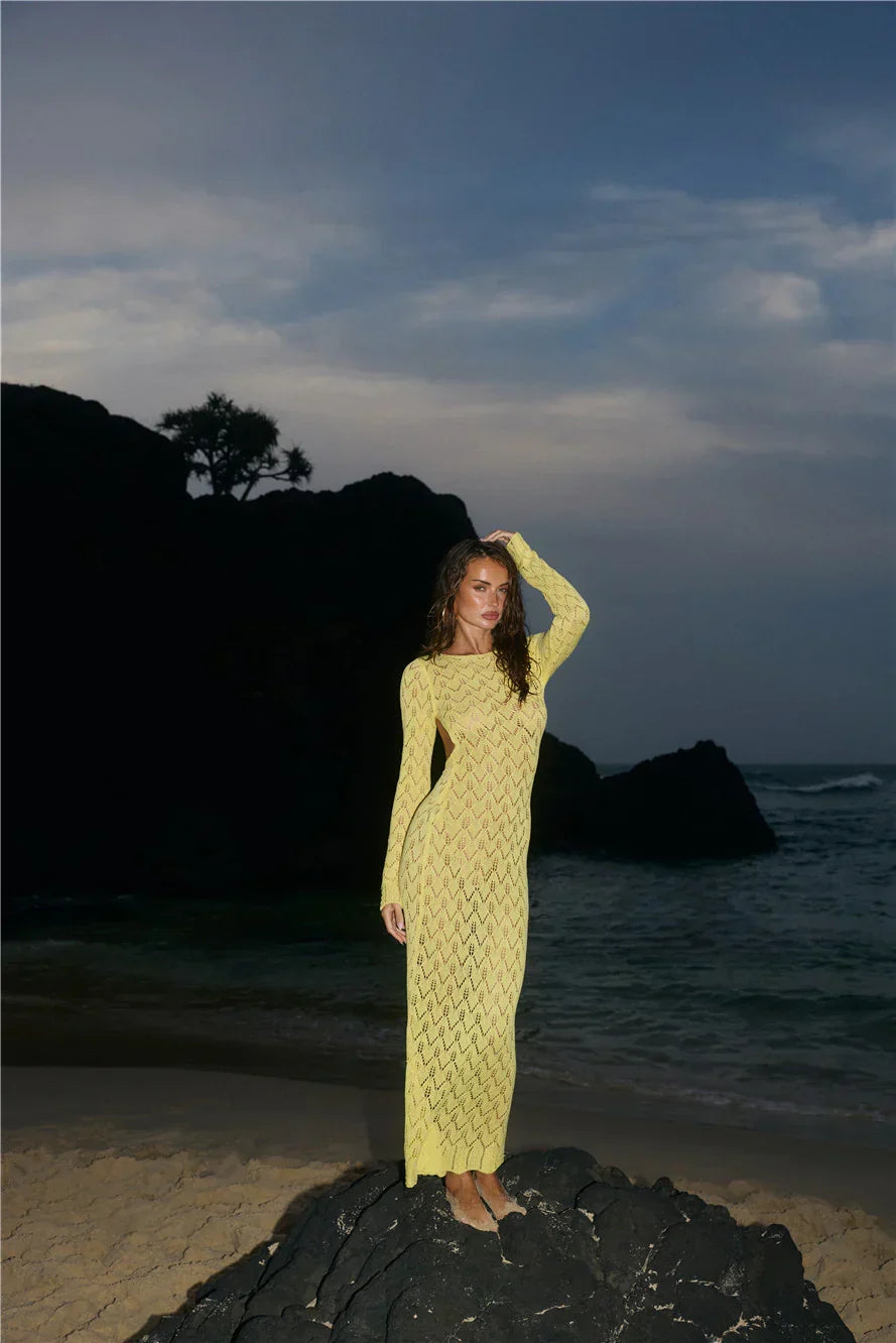 Island Aura Long Sleeve Knit Maxi Dress Yellow