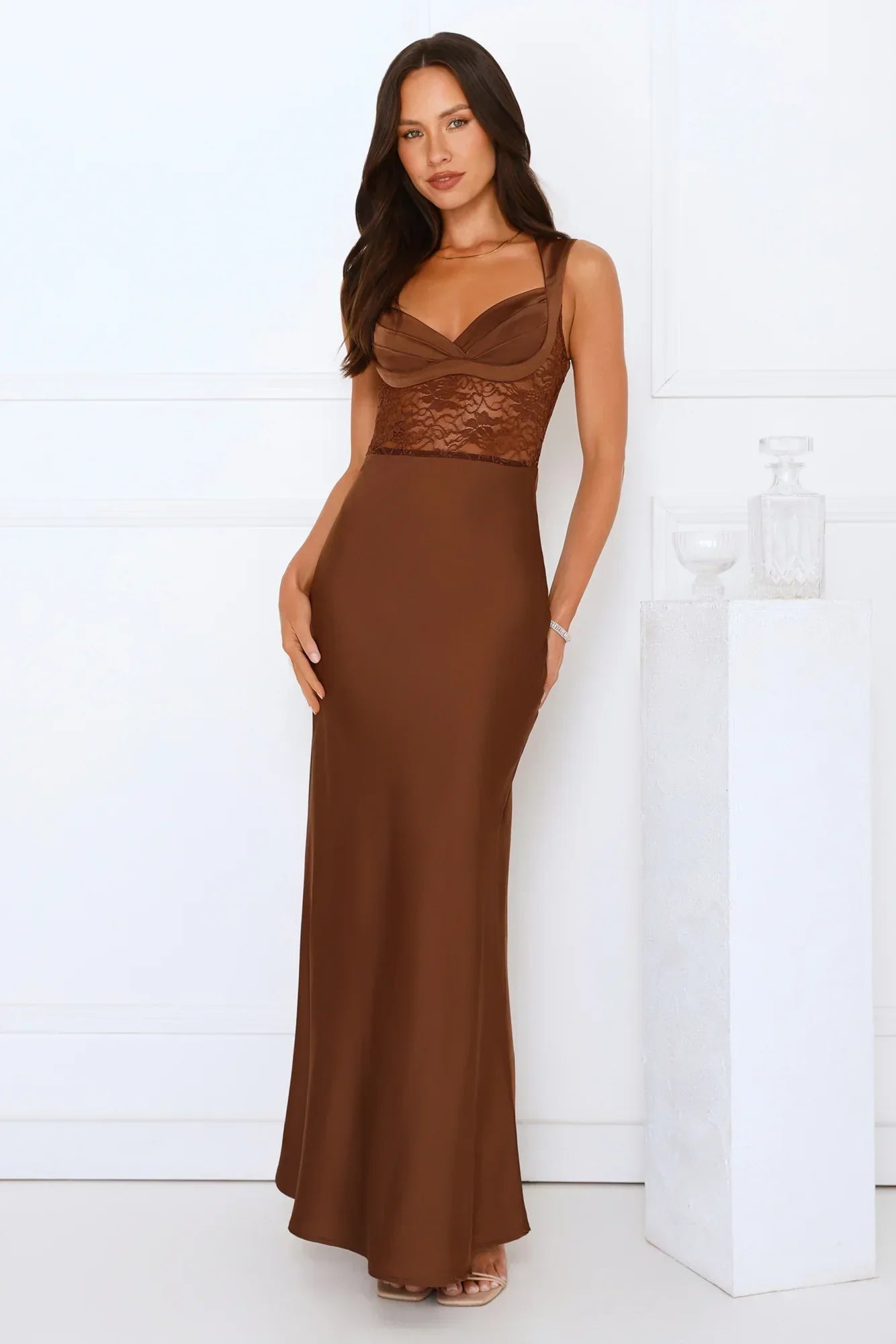 Permission To Party Satin Maxi Dress Brown
