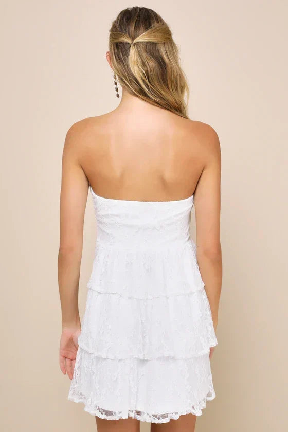 Sweet Perception Light Blue Lace Strapless Tiered Mini Dress