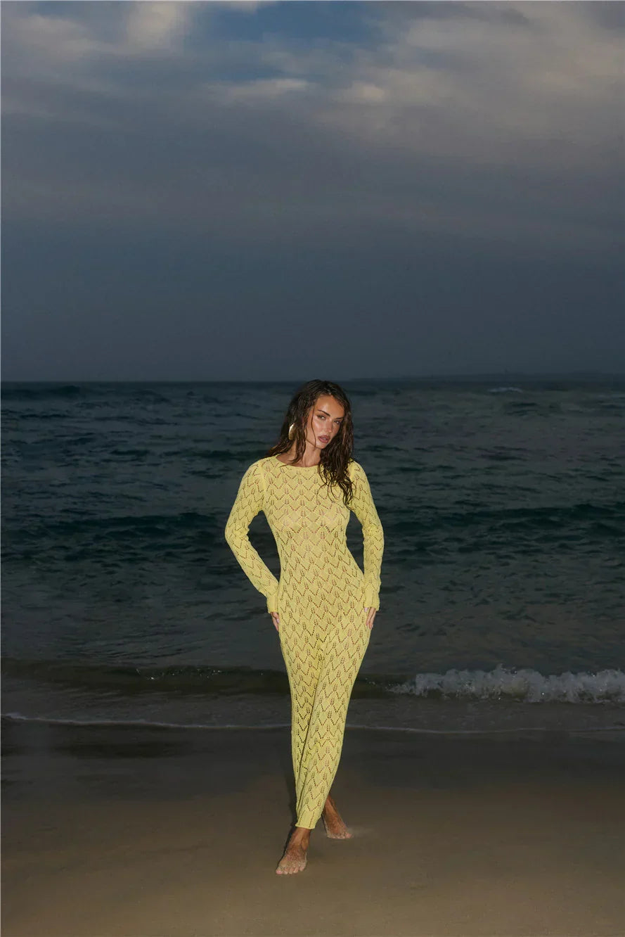 Island Aura Long Sleeve Knit Maxi Dress Yellow