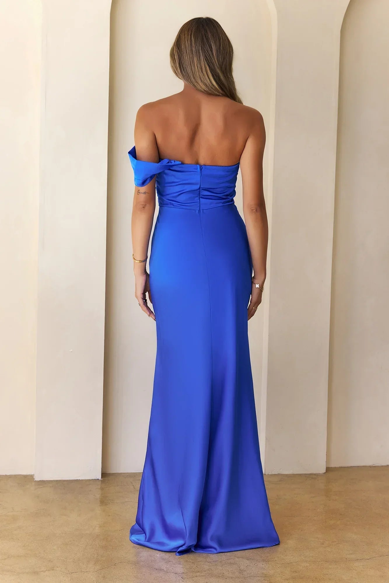 Sundrenched Chic Satin One Shoulder Maxi Dress Royal Blue
