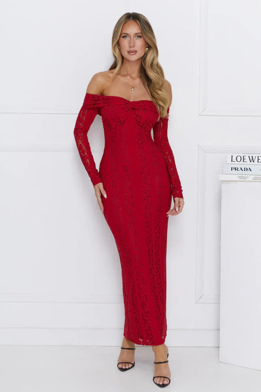 Pure Happiness Off Shoulder Lace Maxi Dress Burgundy