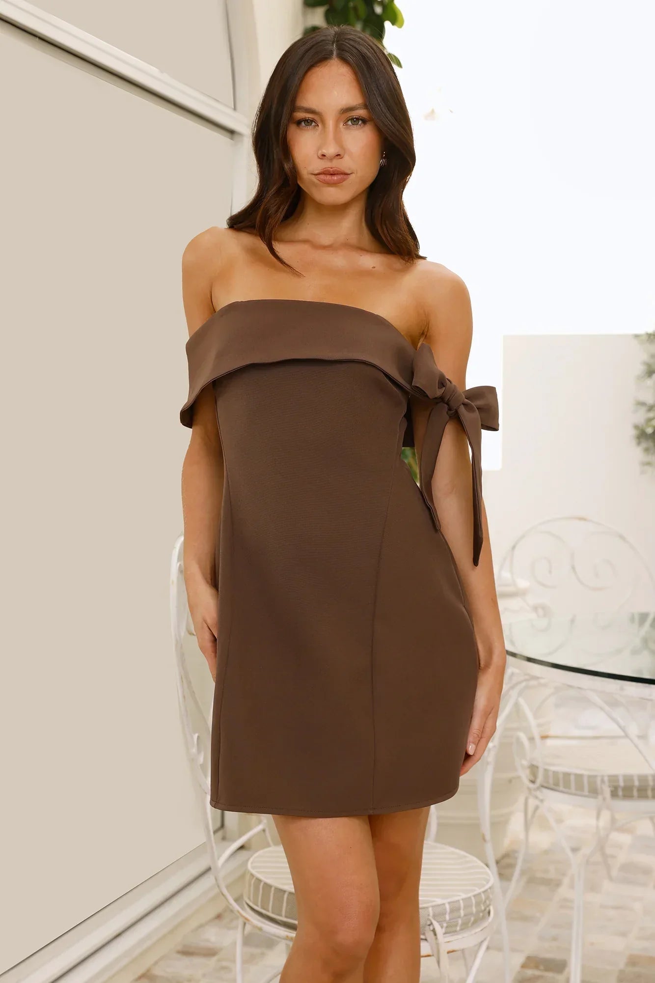Seashell Dream Off Shoulder Mini Dress Brown