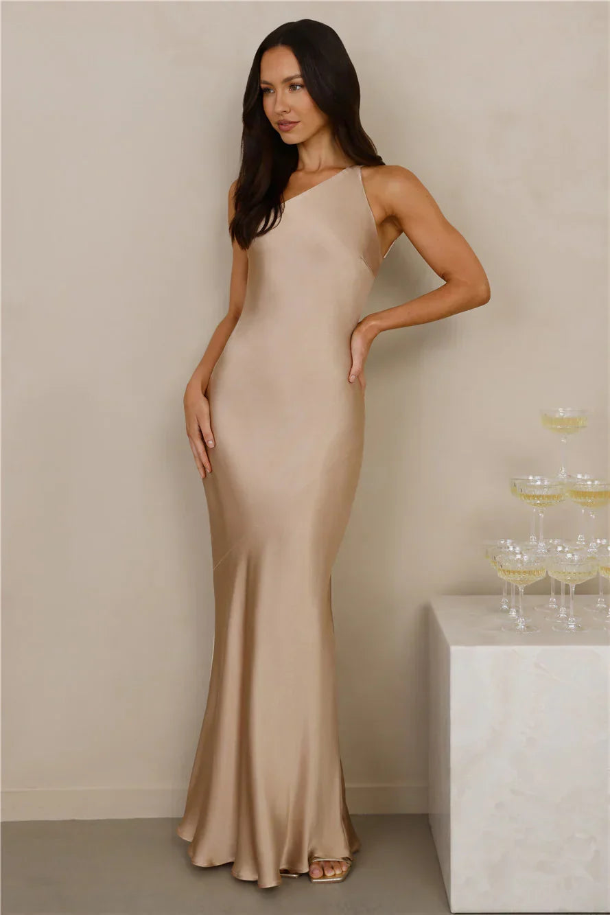 The Evangeline One Shoulder Satin Maxi Dress Champagne