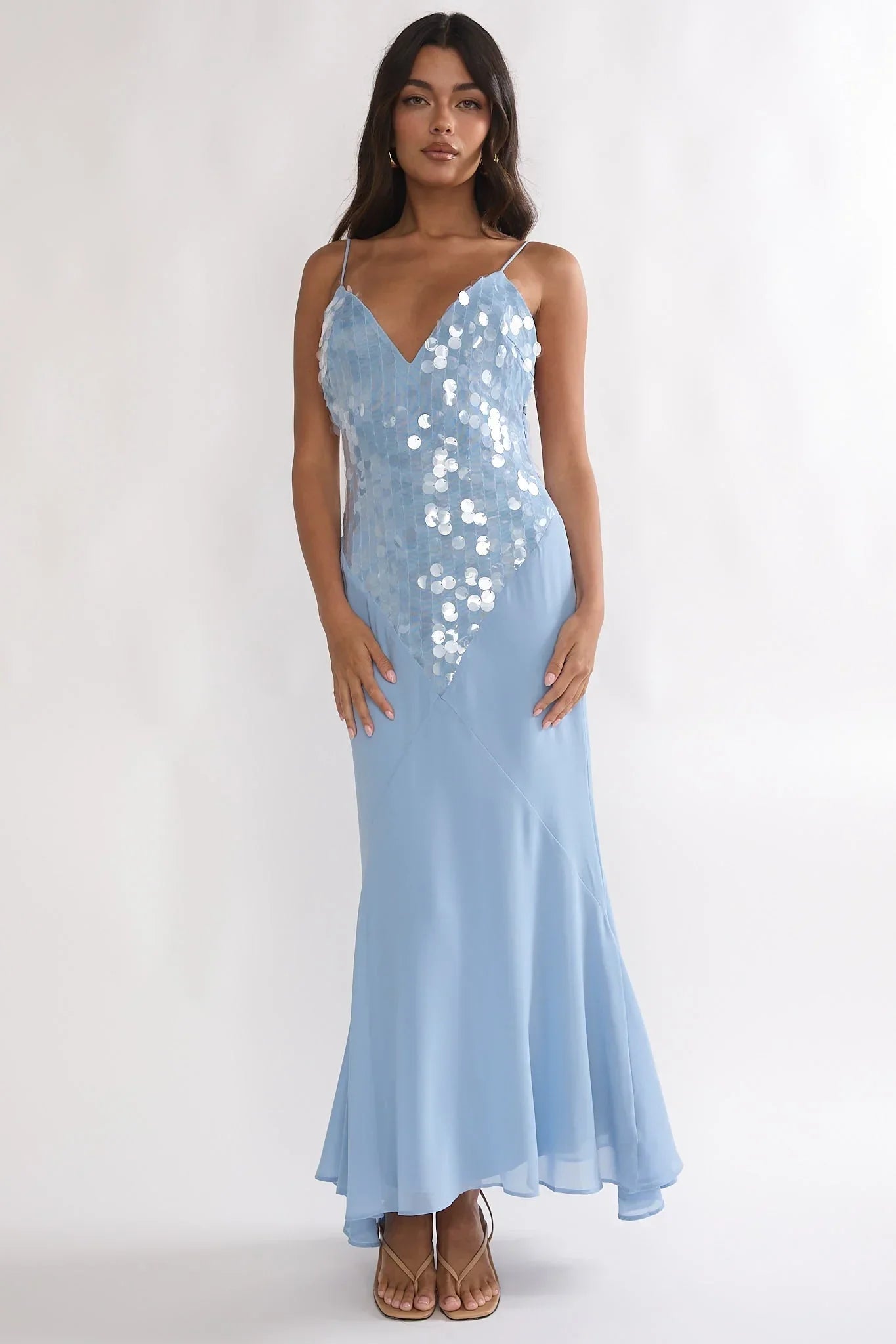 Meranda V Neck Maxi Dress Sequin Blue