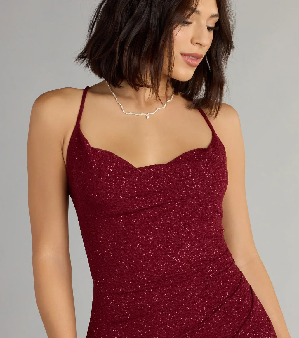 Amirah Formal Glitter Cowl Neck Column Dress