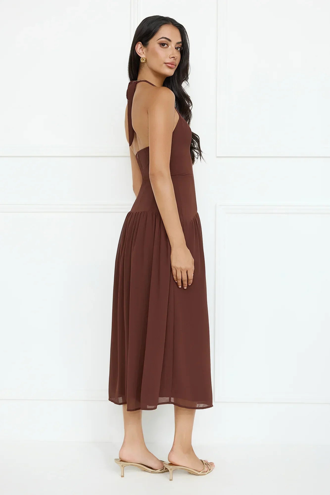 Sassy Style Halter Midi Dress Brown