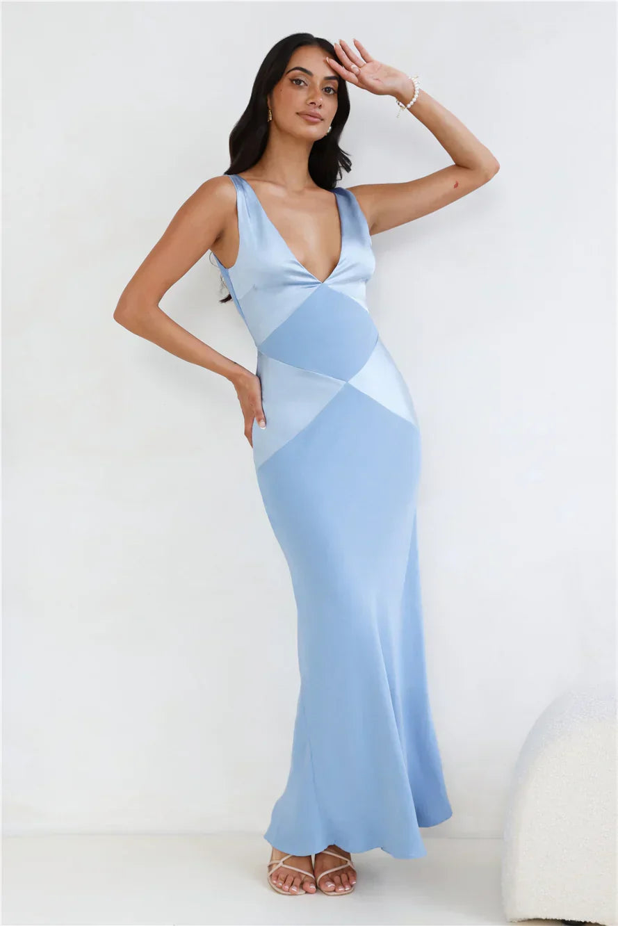 Subtle Splendor Satin Maxi Dress Light Blue