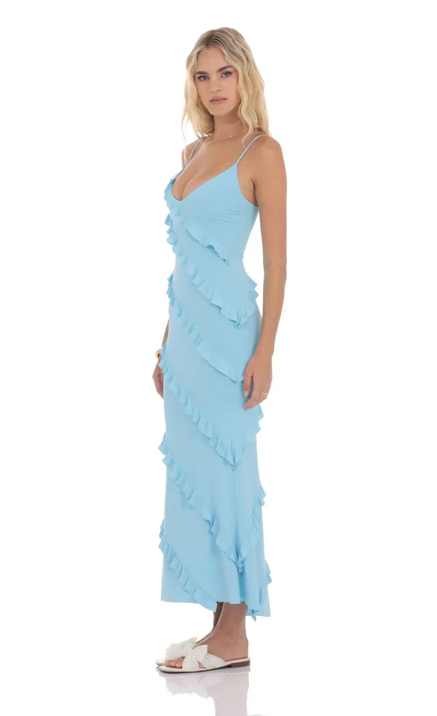 Ruffle V-Neck Maxi Dress in Navy