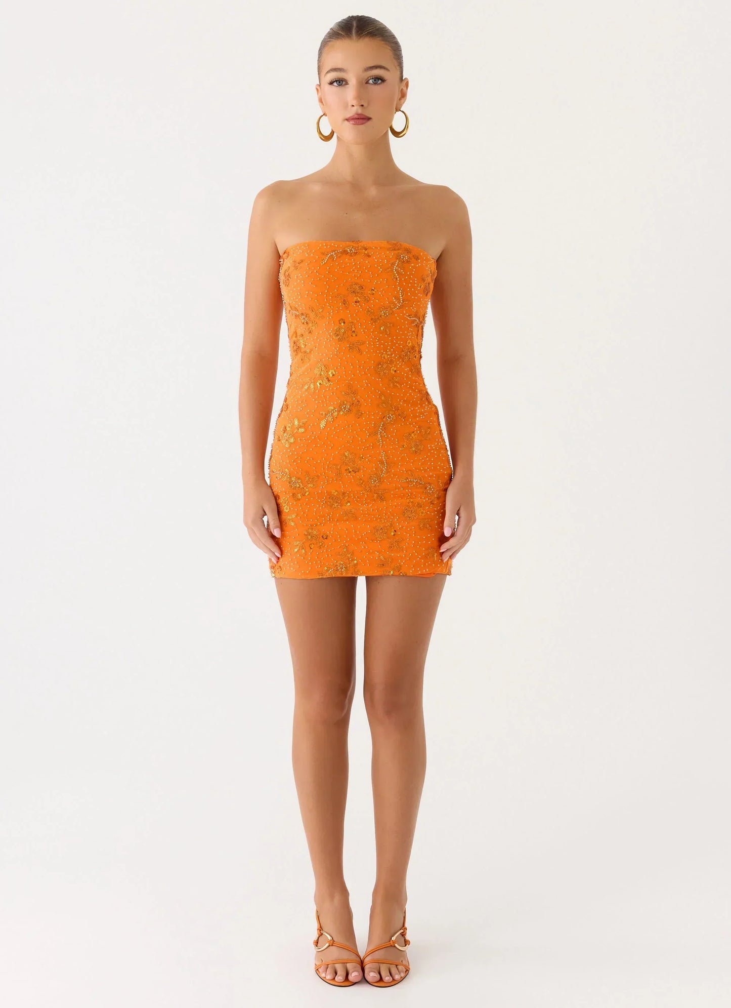 Push Back Beaded Sequin Mini Dress - Orange