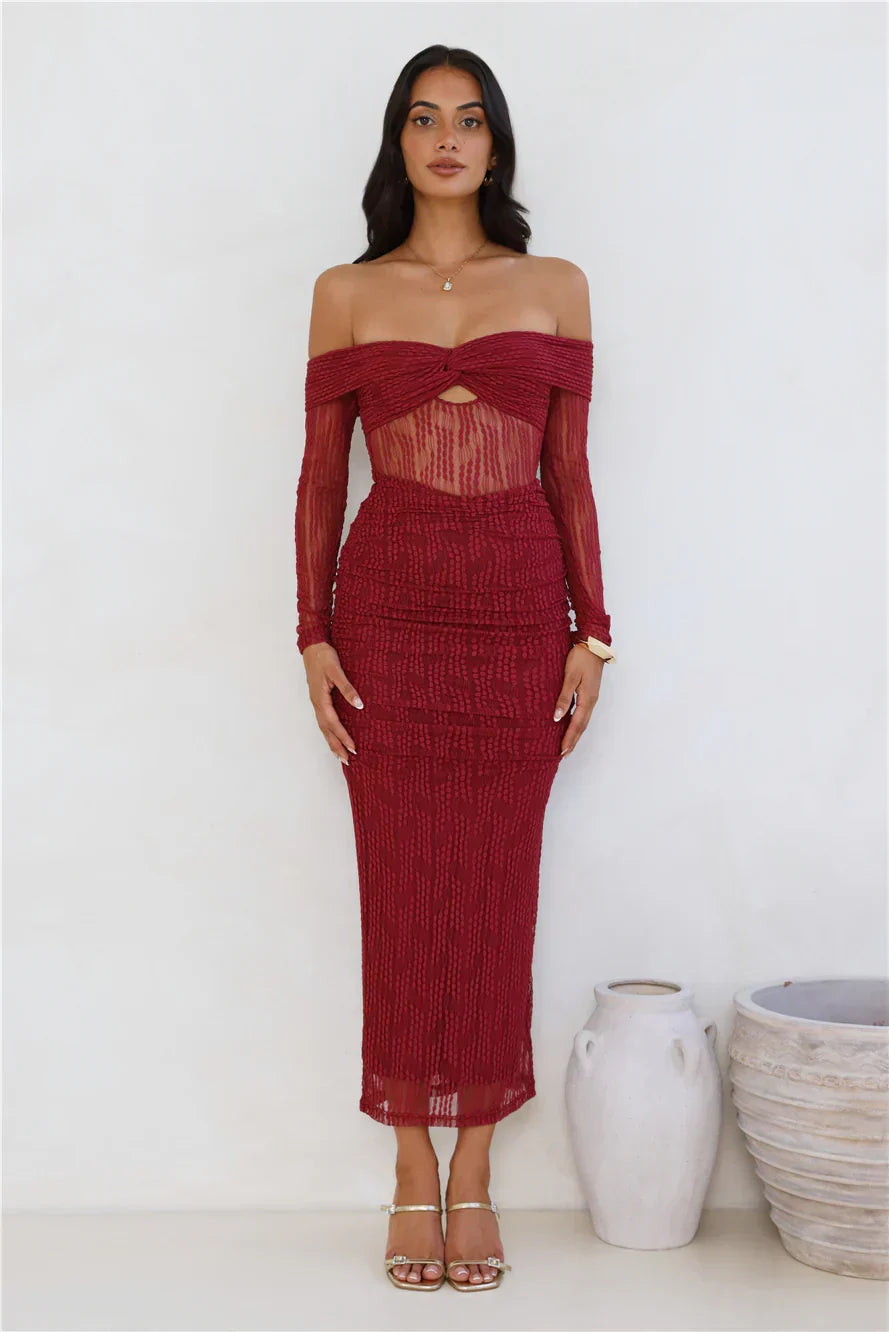 Raegan Mesh Midi Dress Burgundy