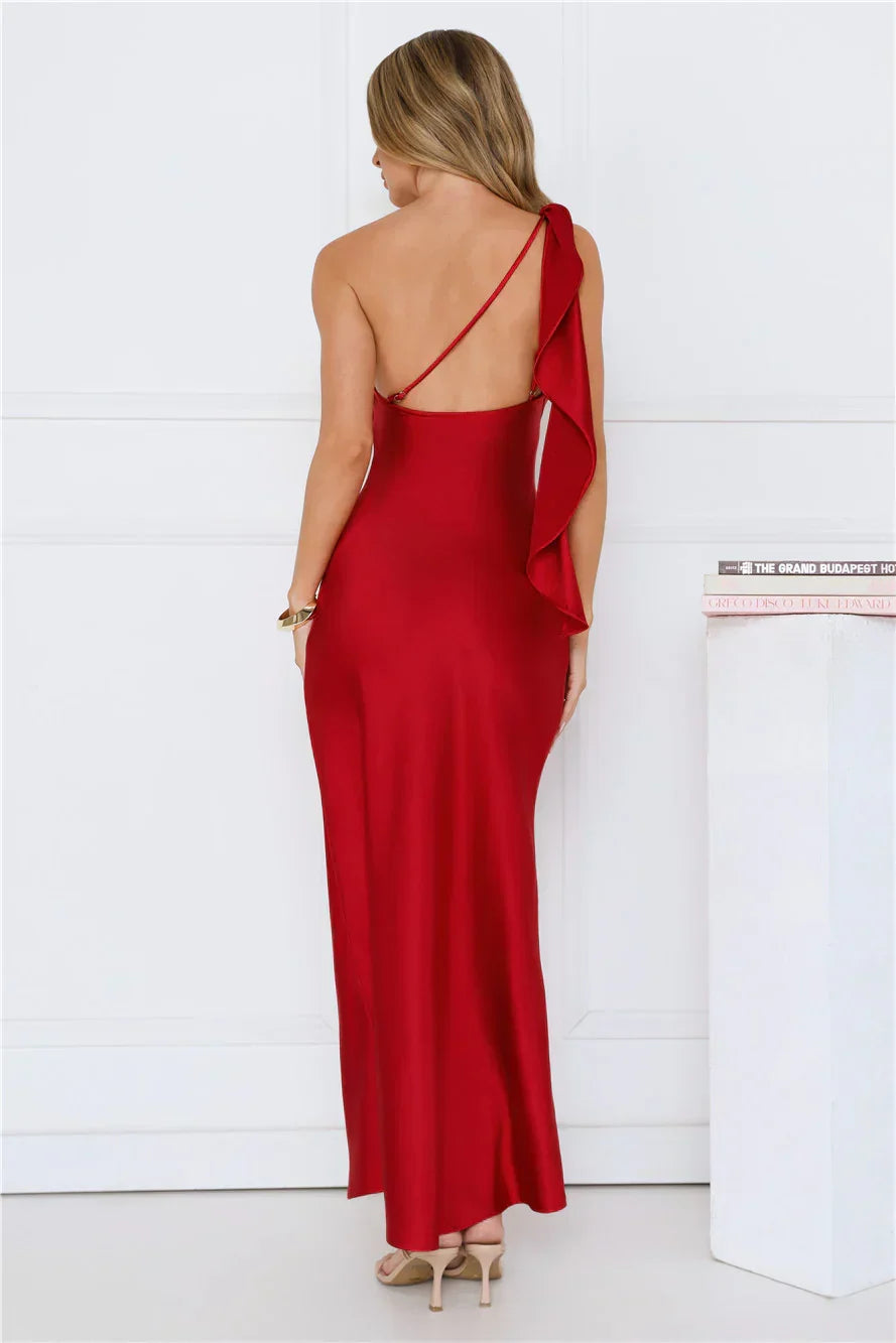 Romantic Tales Satin One Shoulder Maxi Dress Red