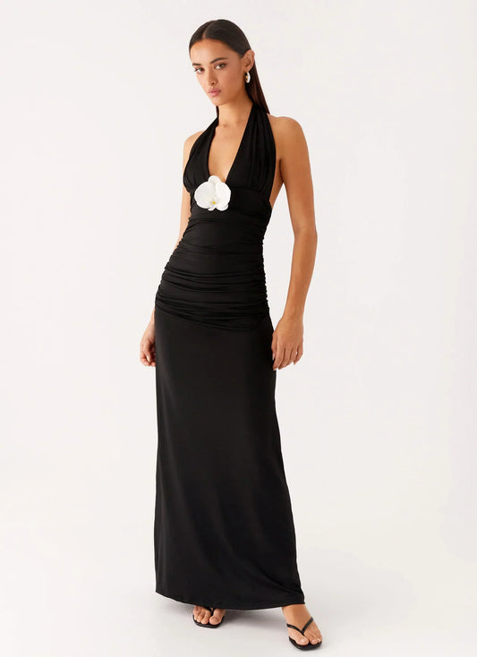 Adalie Halter Neck Midi Dress - Black