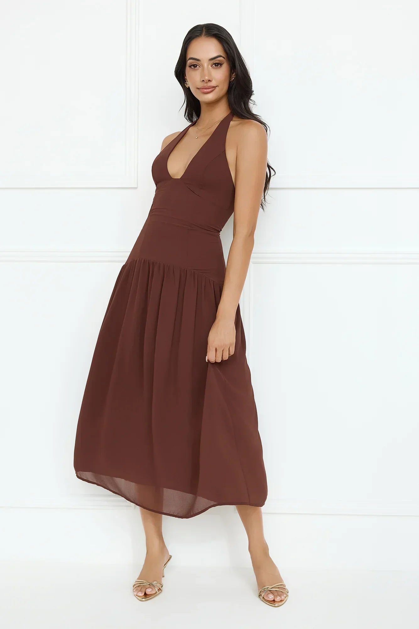 Sassy Style Halter Midi Dress Brown