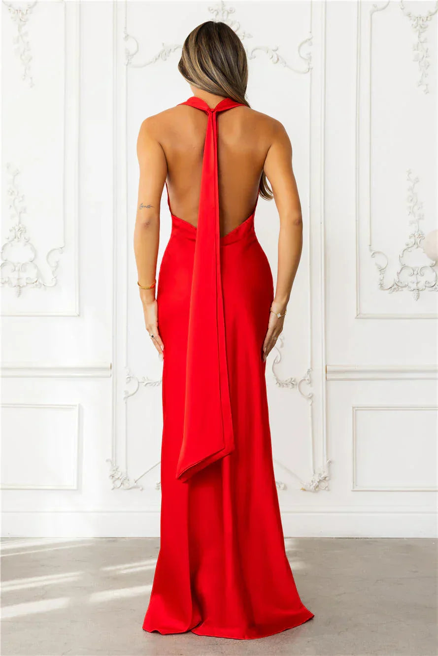 Nightfall Noir Halter Satin Maxi Dress Red