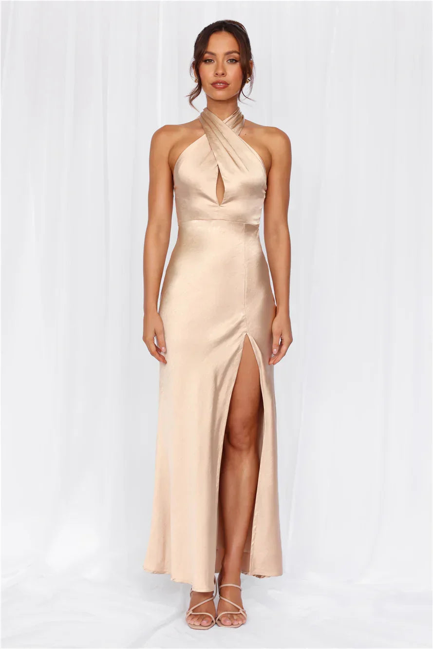 The Adeline Halter Satin Maxi Dress Champagne