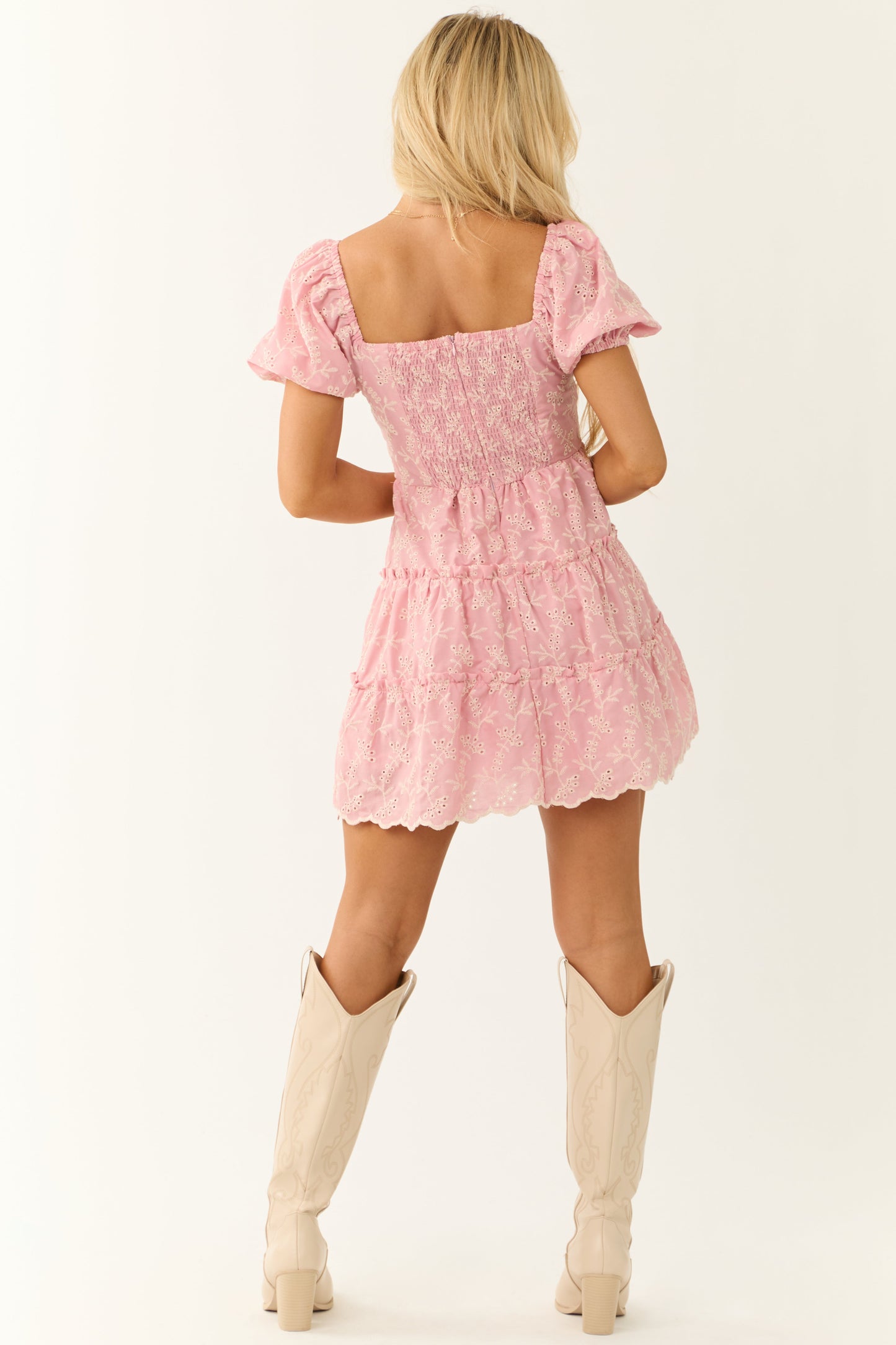 Baby Pink Floral Eyelet Puff Sleeve Tiered Mini Dress