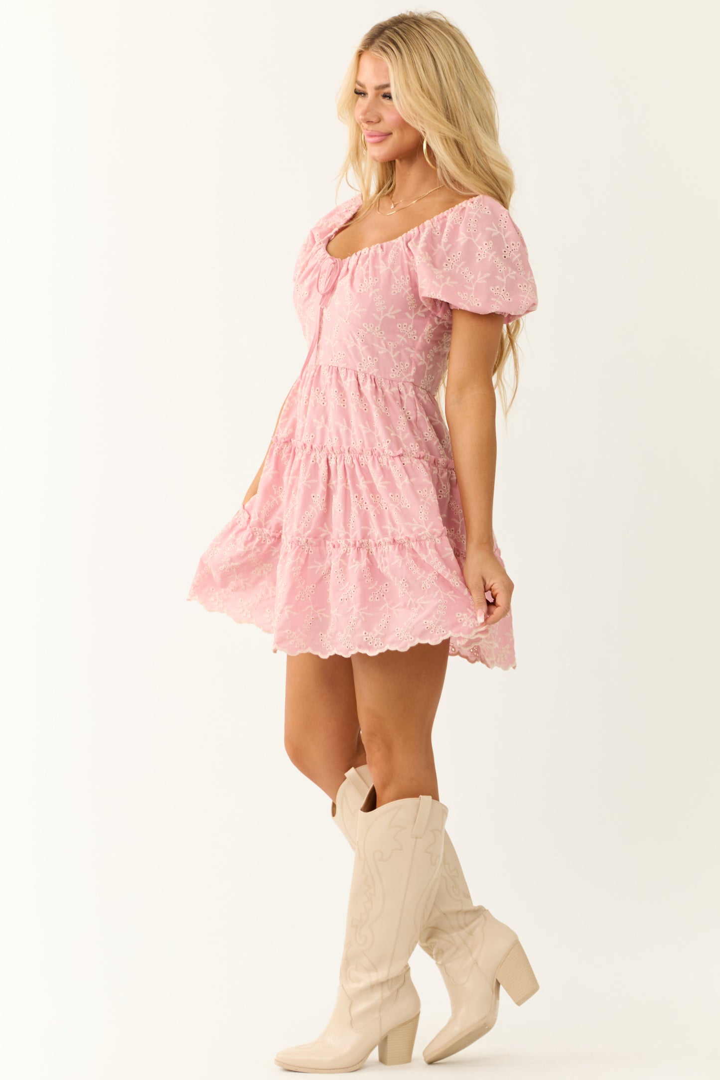 Baby Pink Floral Eyelet Puff Sleeve Tiered Mini Dress