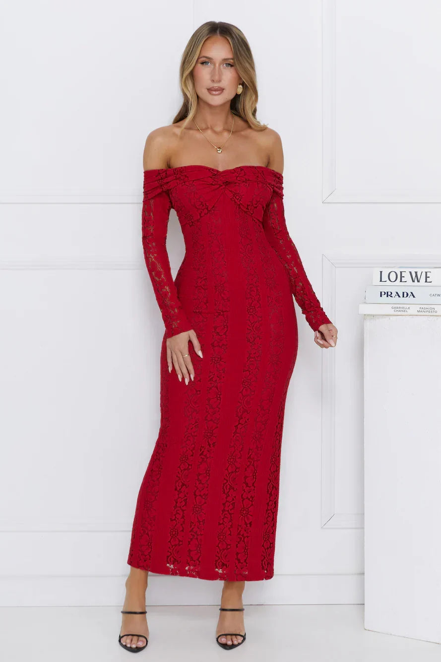 Pure Happiness Off Shoulder Lace Maxi Dress Burgundy