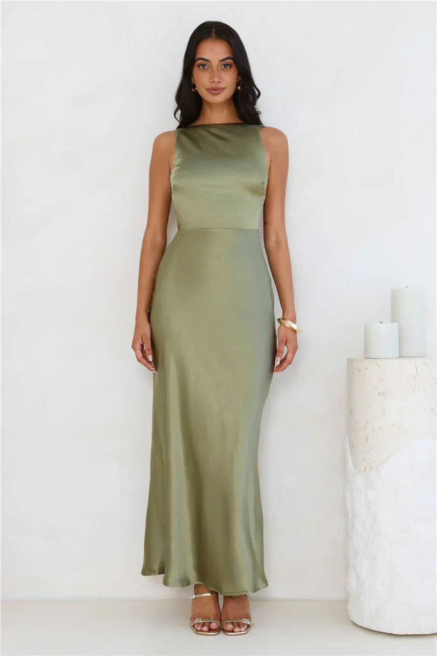 Unveiled Sophistication Satin Maxi Dress Olive