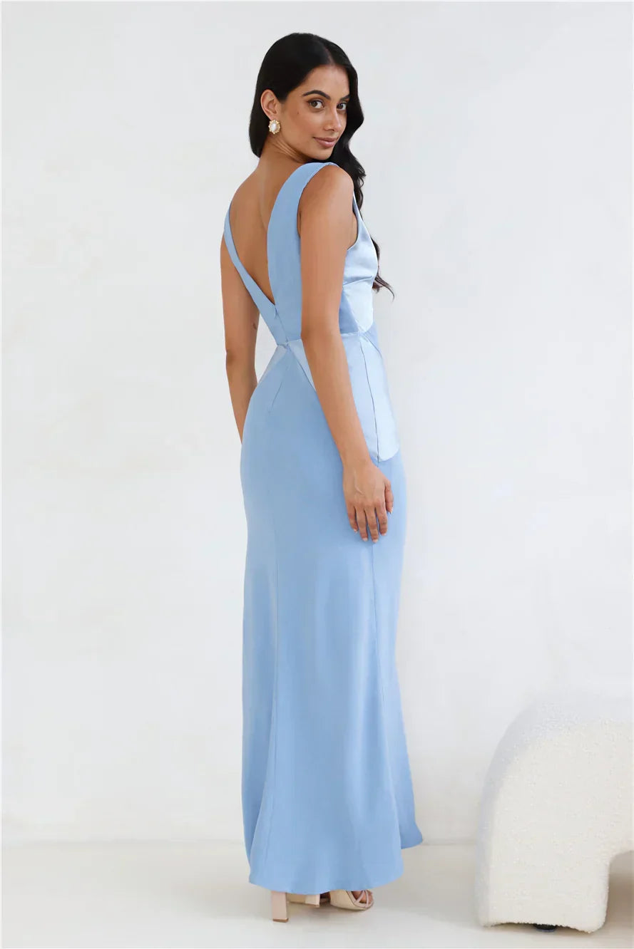 Subtle Splendor Satin Maxi Dress Light Blue