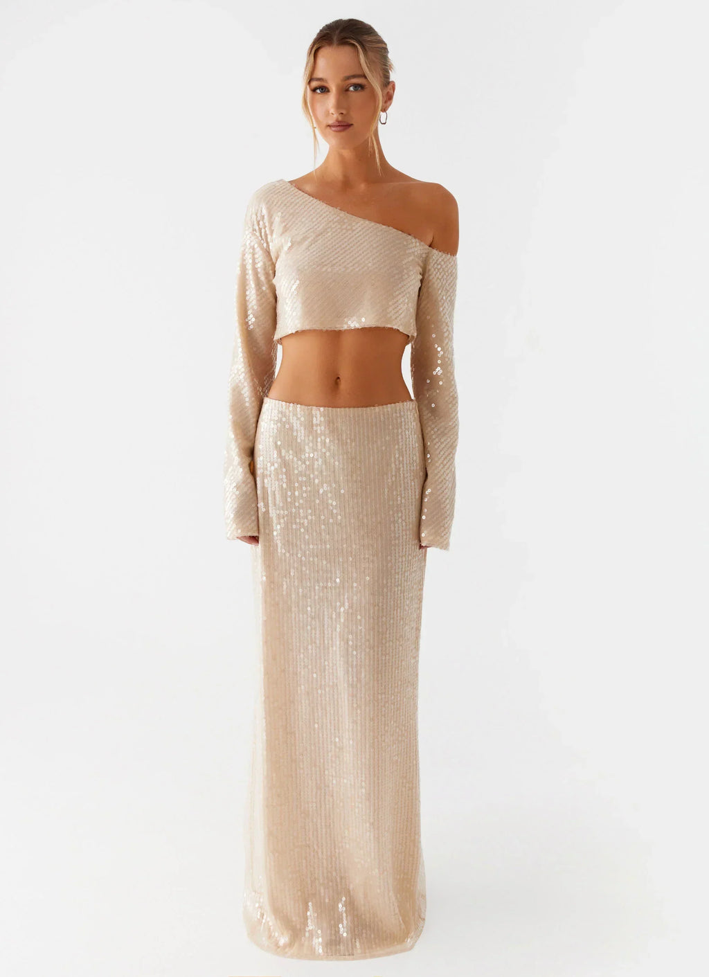 Wisteria Low Rise Sequin Maxi Skirt - Champagne