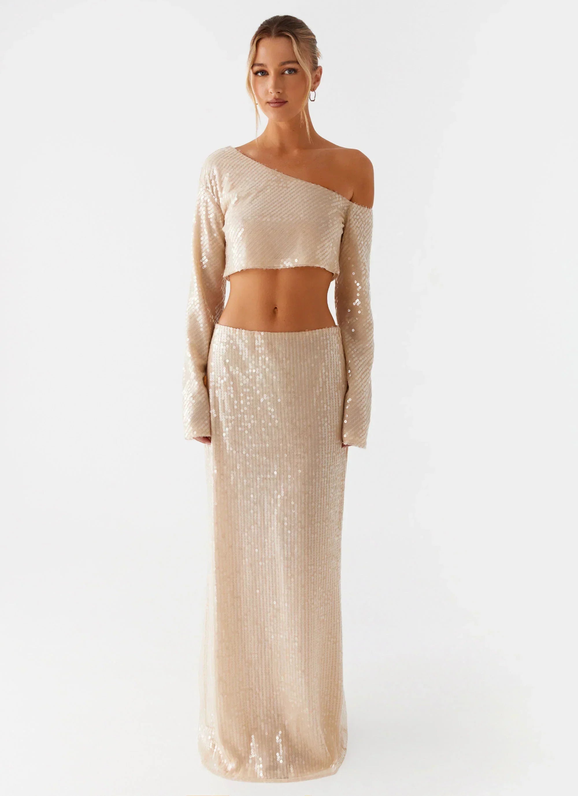 Wisteria Low Rise Sequin Maxi Skirt - Champagne
