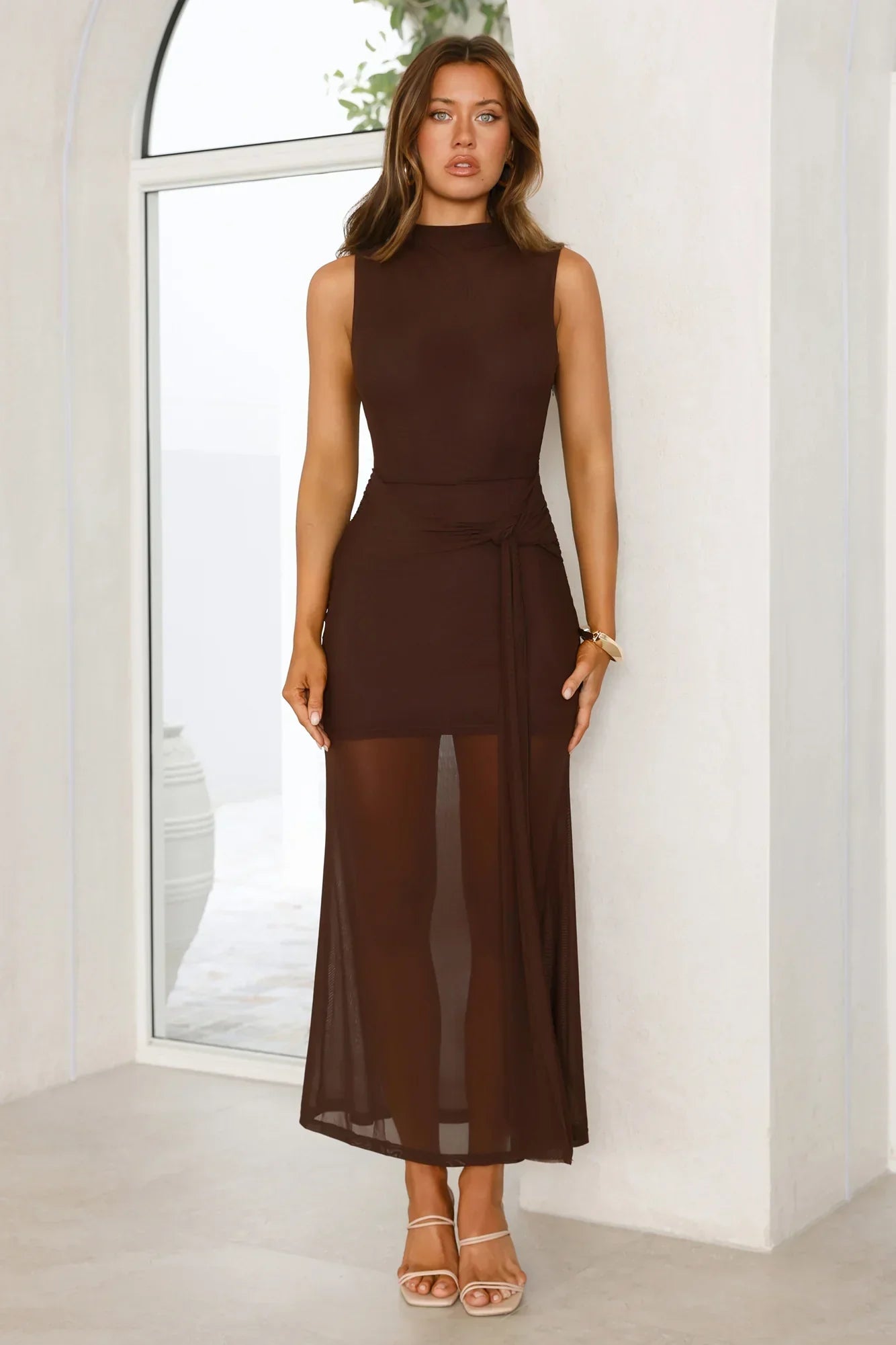 Dazzle Me Darling Mesh Maxi Dress Brown