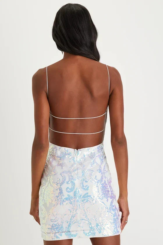 Original Sparkle White Iridescent Sequin Backless Mini Dress
