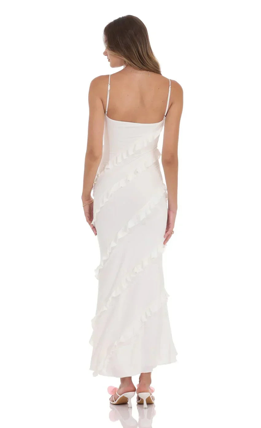 Ruffle V-Neck Maxi Dress in Navy