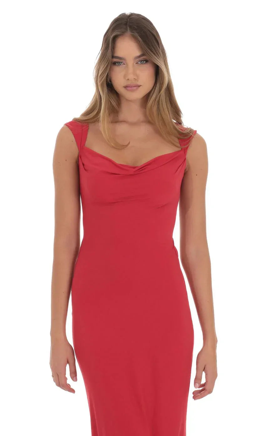 Strappy Cowl Neck Maxi Dress in Red