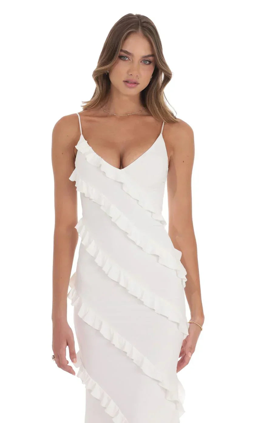 Ruffle V-Neck Maxi Dress in Navy