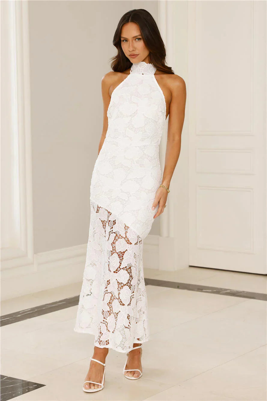 Soft Opulence Embroidered Halter Maxi Dress White