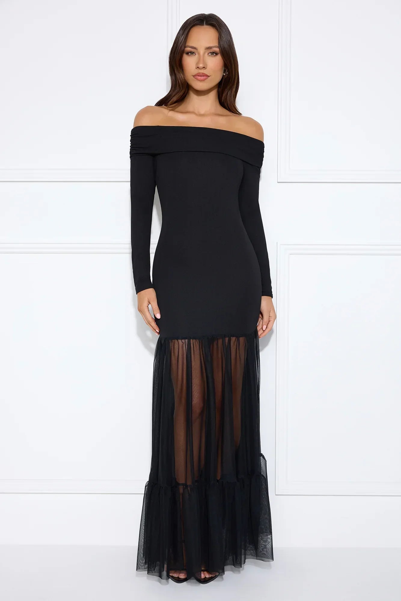 Captivating Gaze Off Shoulder Maxi Dress Black