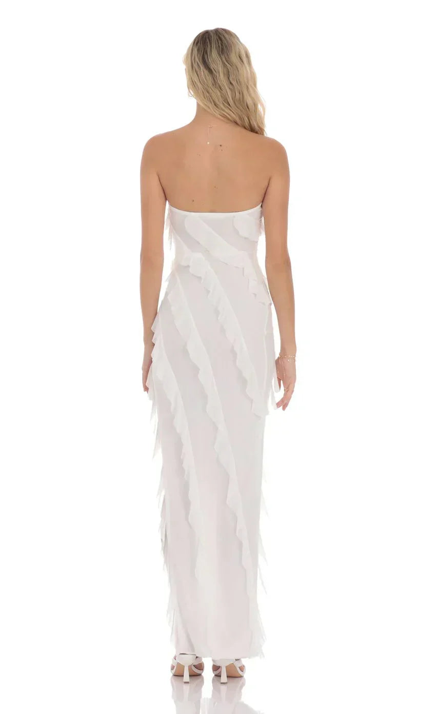 Cloud Nine Mesh Ruffle Strapless Maxi Dress